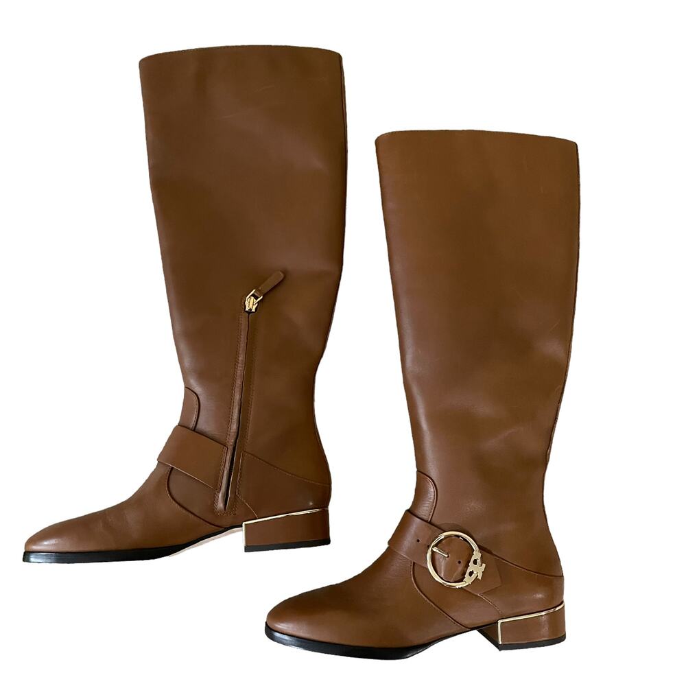 Tory Burch Sofia Tall Riding Boots Leather Logo Festive Brown Size 7 - Picture 7 of 12